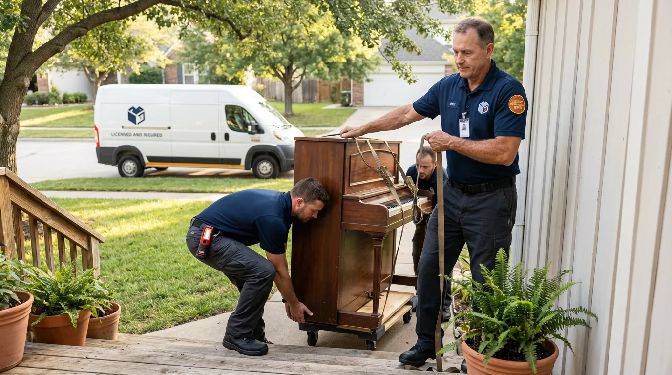 Licensed piano movers securing grand piano in Point Marion, PA