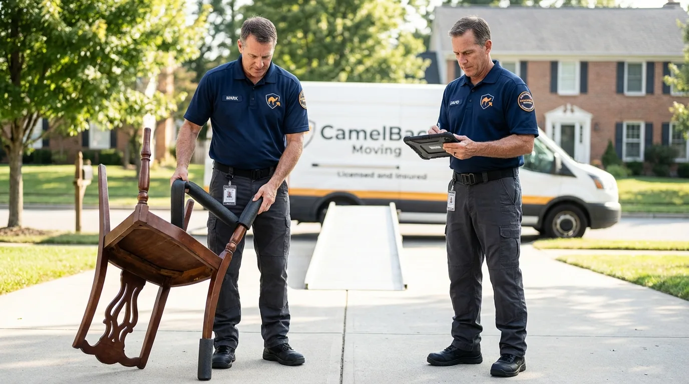 Movers inspecting furniture for damage prevention before loading in Point Marion, PA