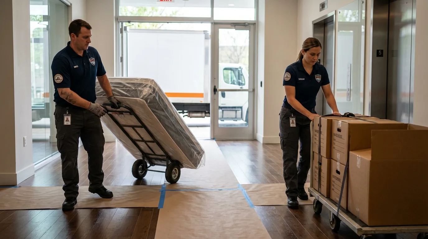 Professional apartment movers loading elevator in Point Marion, PA