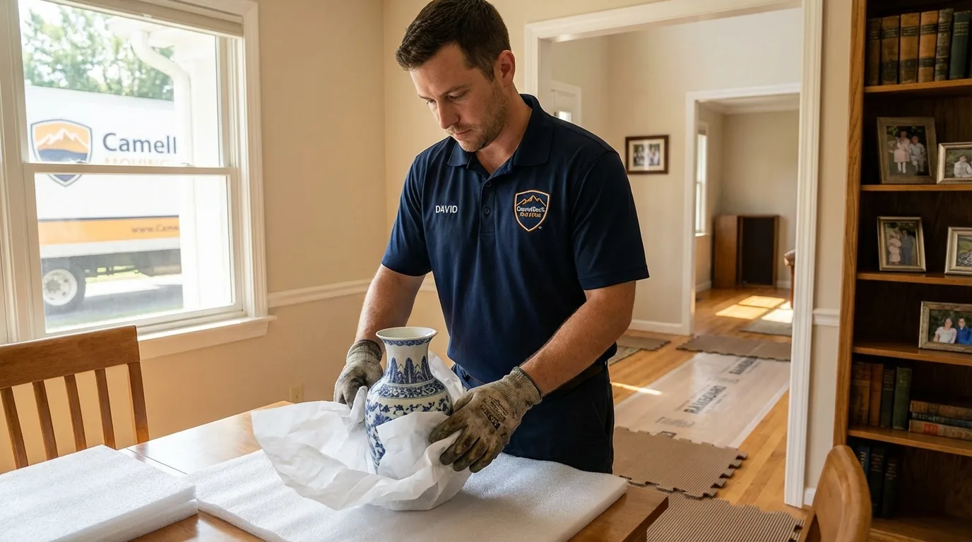 Professional crew carefully wrapping antique vase for senior downsizing move in Point Marion, PA